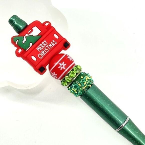 Merry Christmas pickup truck tree handmade pen NEW beads green red - Picture 4 of 6